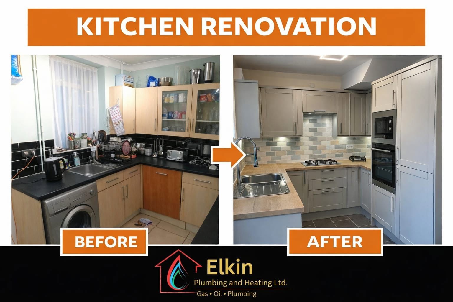 Kitchen renovation by Elkin Plumbing and Heating, before and after